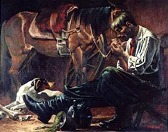 Schilderij van een gaucho met zijn paard en hond