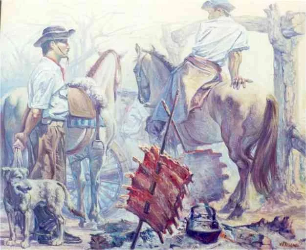 Schilderij van gaucho’s die vlees roosteren aan spiezen in de grond